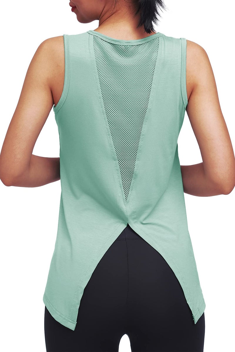 Mippo Workout Tops for Women Yoga Clothes Running Shirts Tie Back Tanks Tennis Shirts Athletic Exercise Tops Gray Green S - Image 3